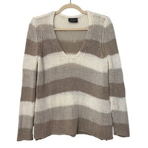 Wooden Ships Stripe V Neck Knit Sweater Grey Cream XS/S Contemporary Coastal